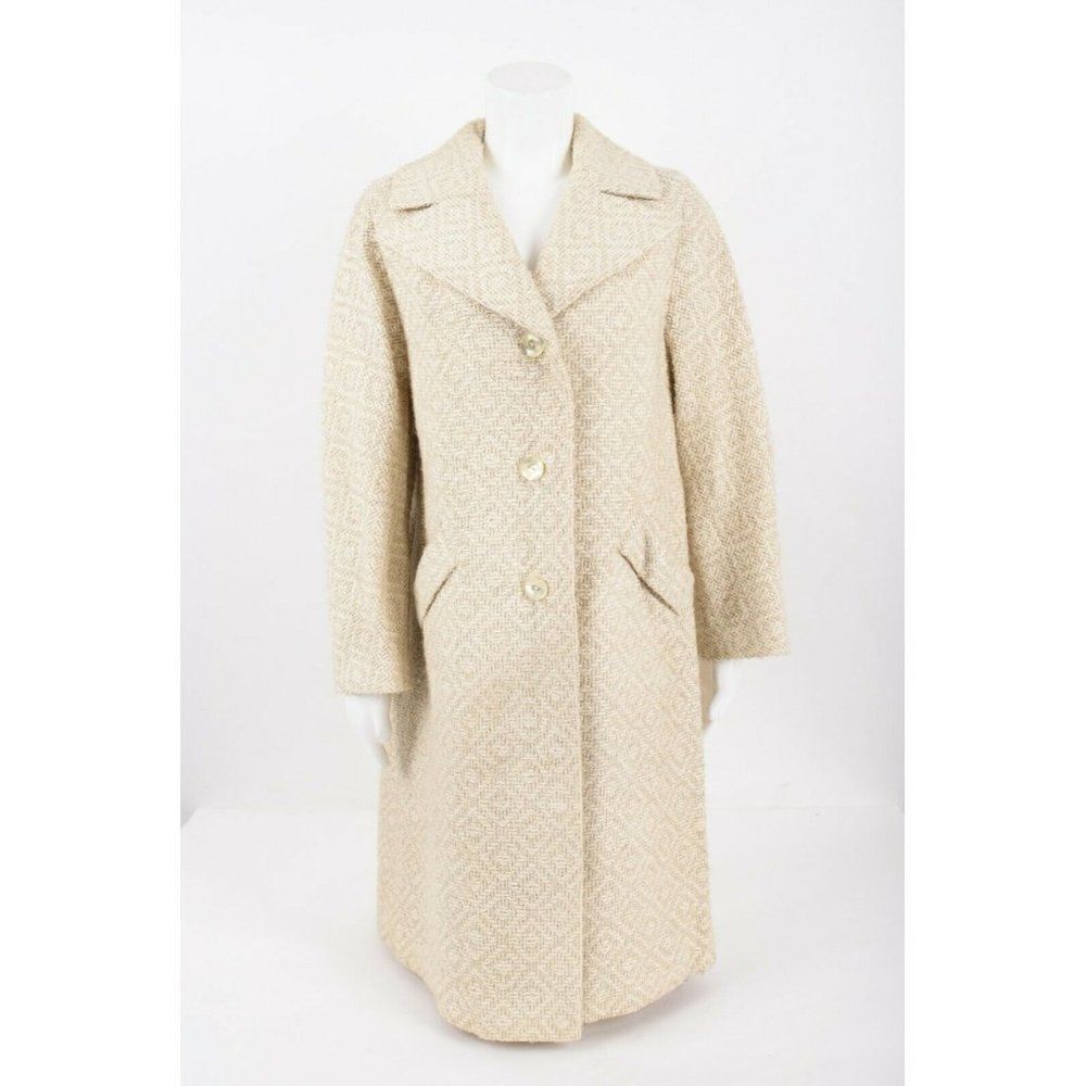 Vintage 60s 70s Womens Beige Tweed Coat Mid Length Size L  ILGWU Union Label
